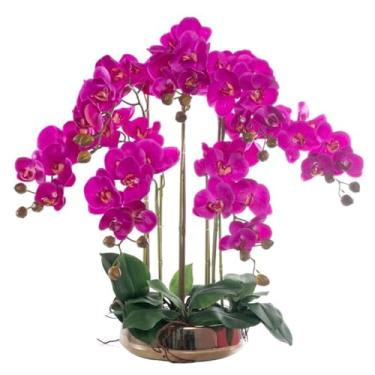 Imagem de YYBOES Conjunto de orquídeas falsas com vaso dourado flor artificial poliuretano Phalaenopsis flores artificiais 65 cm orquídeas em vaso flores artificiais artificiais