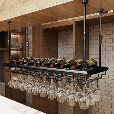 Imagem de Prateleiras de vinho de teto, altura ajustável, taças para taças de vinho, suporte de garrafa de vinho, gancho para pendurar para taças de vinho, adequado para bares, cozinhas