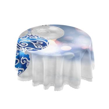 Imagem de Qilmy Toalha de mesa redonda com bolas de Natal azuis e brancas, 152 cm, resistente à água, à prova de derramamento, capa de mesa grande para jantar de reunião de família em ambientes internos e