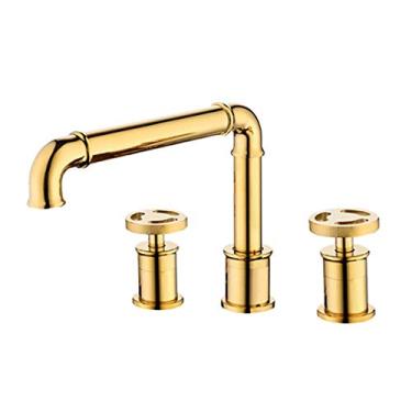 Imagem de Torneira de pia de banheiro torneira de lavatório industrial retrô torneira de latão dupla alça 3 furos torneira misturadora de lavatório torneira misturadora de lavatório decoração torneiras de pia