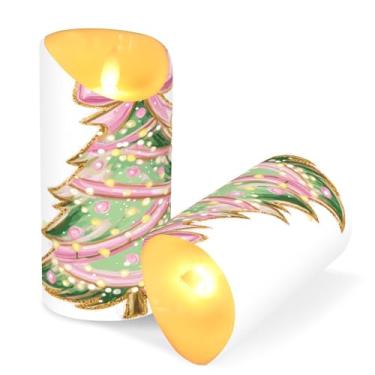 Imagem de ATTX Pacote com 2 velas sem chamas para árvore de Natal com laço rosa - 7,6 cm x 15 cm com controle remoto e temporizador para decoração de casa, casamento, acampamento #222