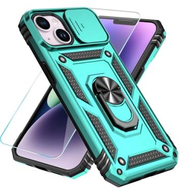 Imagem de SunStory Capa compatível com iPhone 13/iPhone 14 com protetor de tela HD e capa de câmera deslizante e suporte de anel girado, [grau militar] capa de telefone para iPhone 13/14 (azul-petróleo)