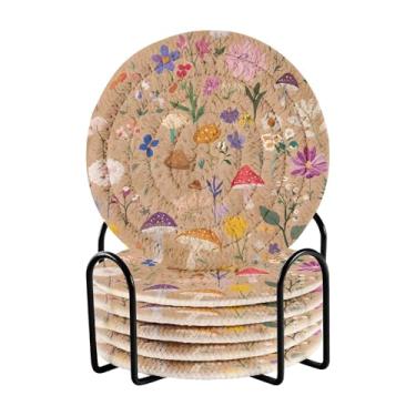 Imagem de SEHANY Conjunto de 6 porta-copos de cogumelos florestais com suporte, porta-copos redondos absorventes de algodão resistente ao calor para mesa de jantar, canecas de café, 10 cm