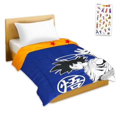 Imagem de Dragon Ball Z Conjunto de cama com edredom – conjunto com colcha Goku tamanho queen, fronhas e adesivos | Decoração de quarto Dragon Ball