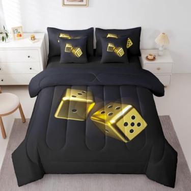 Imagem de Erosebridal Jogo de cama solteiro com dados dourados para adultos, 7 peças, jogo de microfibra para homens e mulheres, jogo de lençol com elástico para quarto, preto simples