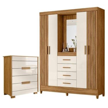 Imagem de Guarda Roupa Solteiro Com Espelho Atenas E Cômoda Dhara Freijó Off White - Moval