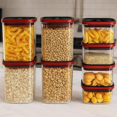 Imagem de Kit 8 Potes Herméticos Empilháveis  Tampa Vermelha Premium  Vedação To