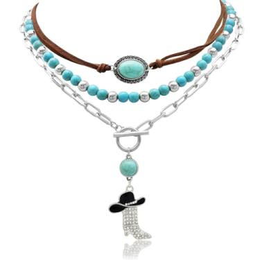 Imagem de Fscwlmon 3 colares femininos estilo cowgirl ocidental em camadas, boêmio, turquesa, contas ocidentais, strass, chapéu de cowboy, botas, pingente de cabeça de boi, gargantilha de clipe de papel