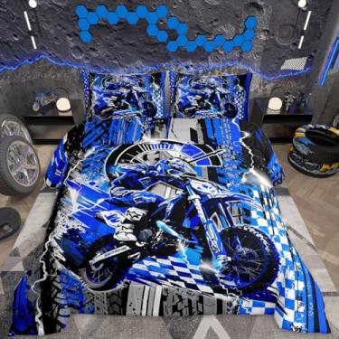 Imagem de Feelyou Conjunto de cama infantil Dirt Bike, tamanho Queen, para esportes radicais, motocross, ultramacio, para decoração de quarto de motocicleta, azul