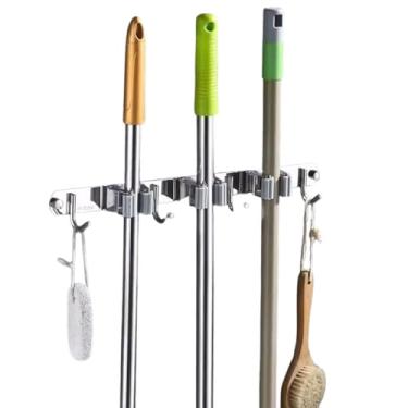 Imagem de Suporte De Vassoura e Esfregões Parede Porta Vassoureiro Organizador de Ambiente 3 Prateleiras e 4 Ganchos em Aço Inoxidável