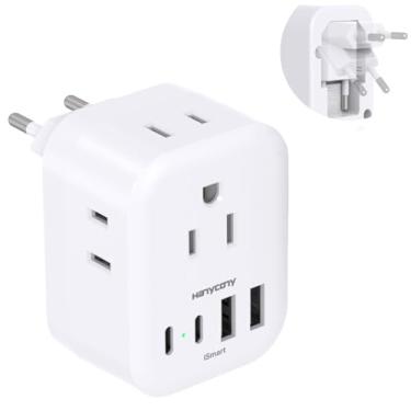 Imagem de Adaptador de tomada de viagem europeu, adaptador de alimentação internacional dobrável, adaptador tipo C com 4 tomadas, 4 portas USB (2 USB C) para HANYCONY maior parte da Europa, UE, Itália, Espanha