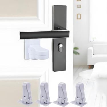 Imagem de Trava de nível de porta (pacote com 4) à prova de segurança do bebê, operação com uma mão para adultos, travas de maçaneta com adesivo, sem necessidade de ferramentas para instalar, para proteger