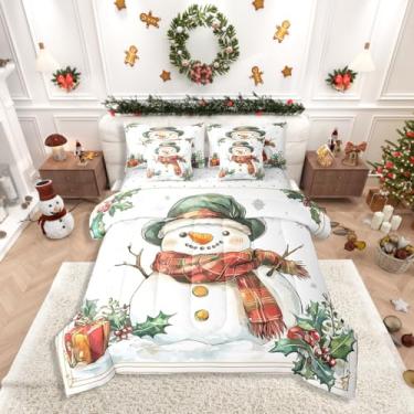 Imagem de Erosebridal Jogo de cama solteiro de 7 peças, boneco de neve de desenho animado em uma bolsa, chapéu de Papai Noel, edredom de presente de Natal, lençol de cima, lençol com elástico, fronhas, fronhas
