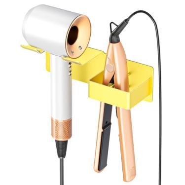 Imagem de Suporte de secador de cabelo montado na parede, suporte de alisador de cabelo, metal, secador de cabelo adesivo e suporte de alisador de cabelo, organizador de ferramentas de cabelo para banheiro e