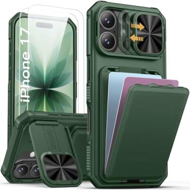 Imagem de SSLOTSCASE Capa para iPhone 17 com 2 películas de vidro protetoras, claridade HD antiarranhões, suporte para cartão e suporte e capa de lente deslizante, capa de telefone robusta e rígida para iPhone