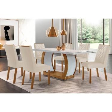 Imagem de Sala De Jantar Completa Jade Tampo Madeirado C- Vidro Canto Curvo 180x90 E 6 Cadeiras Jade Imbuia-off White - Suede Creme - Rufato