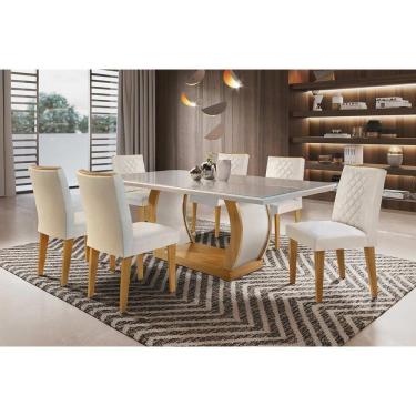 Imagem de Kit Mesa C- Tampo Vidro Canto Curvo 180cm + 6 Cadeiras Imbuia Creme