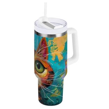 Imagem de Funny Cat Copos com isolamento duplo com alça e tampa de palha, garrafa de água isolada 850 g / 0,89 L