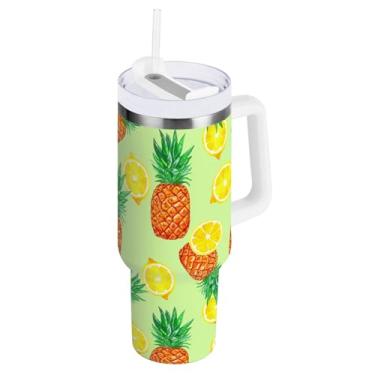 Imagem de ODAWA Caneca grande de abacaxi e limões verde claro com canudo e alça, copos de aço inoxidável