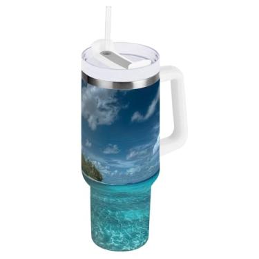 Imagem de Copo térmico azul tropical grande com tampa e canudo, copos isolados de aço inoxidável