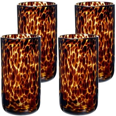 Imagem de Honeydak Conjunto de 4 copos de pedra marrom com estampa de leopardo tartaruga, 473 ml, copos estilosos, sem haste, copo de vidro ideal para gim, tequila, vodca, refrigerantes
