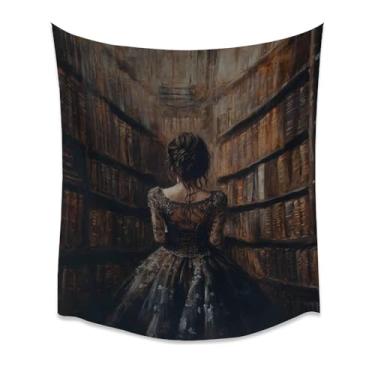 Imagem de Tapeçaria Vintage Dark Academia Library Aisle Victorian Woman Lace Dress Back View Moody Book Stacks Wall Hanging Art Cozy Study Room Decor For Reading Nookwhite102x152 cm