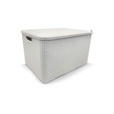 Imagem de Cesto Caixa Organizadora Branca com Alças de Madeira, Plástico Durável, 27x18x12cm, para Armazenamento de Roupas e Brinquedos