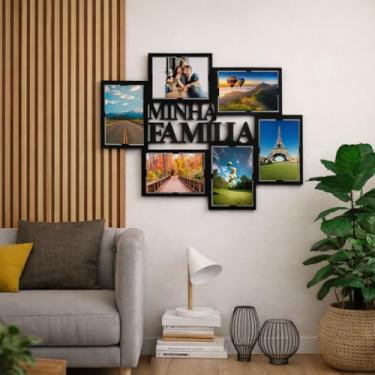 Imagem de Mural de Fotos Família MDF Preto Fosco Painel Porta-Retrato p/ 6 Fotos 10x15 Decoração Moderna (Preto, Minha Família)