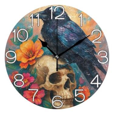 Imagem de GAIGEO Relógio de parede analógico decorativo estético silencioso sem tique-taque relógio de sala de aula, relógio de escritório, decoração de parede moderna sala de estar preto flores de crânio de