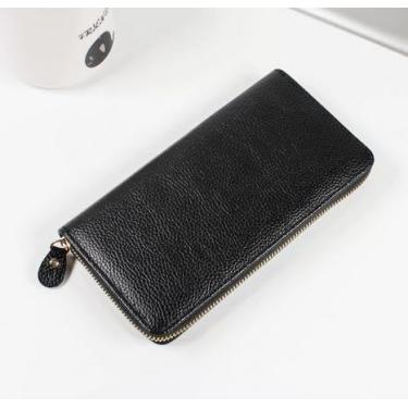 Imagem de Carteira feminina de couro genuíno com dobra dupla/tripla - Suporte minimalista para cartão de crédito com bloqueio de RFID e bolso para moedas, Preto, Casual