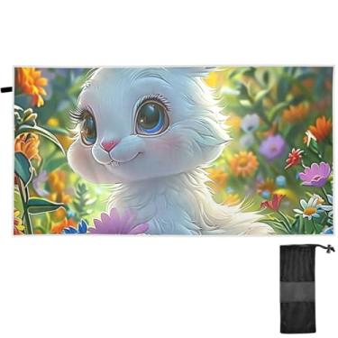 Imagem de TSENQUE Bonito coelho branco floral resistente à areia toalhas de praia toalha de praia grande para adultos toalhas leves secagem rápida presentes de praia de verão para mulheres 152 x 76 centímetros