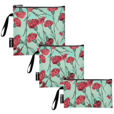 Imagem de TSENQUE Cravos vermelhos crânio floral reutilizável saco de lanche e sanduíche sacos de almoço com zíper segurança alimentar lavável para escola, escritório, viagem, trabalho (pacote com 3)