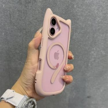 Imagem de Capa magnética de gato para iPhone 16 Pro Max 12 13 14 15 Pro Max 16 Plus 11 com pulseira e cordão, capa transparente, rosa, para iPhone 14 Pro