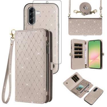Imagem de Capa de celular para Samsung Galaxy A36 5G Carteira com zíper destacável com protetor de tela transversal alça de cordão Bling Glitter Flip porta-cartões A 36 36A LTE SM-A366U mulheres meninas cinza