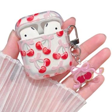 Imagem de MINSCOSE Capa transparente compatível com AirPods 1 e 2, lindo laço cerejeira bonito design estético com chaveiro, capa protetora de TPU macio à prova de choque para mulheres meninas para AirPods 1 e