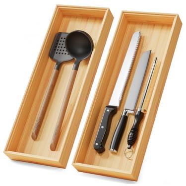Imagem de Organizador de gaveta longo, divisor de gaveta de utensílios de prata de bambu, caixa de armazenamento empilhável de madeira para cozinha, sala de estar, escritório, 43 x 15 x 5 cm (conjunto com 2)