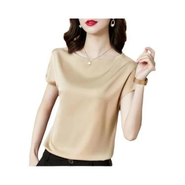 Imagem de Blusa Casual Feminina De Seda Com Manga Curta E Decote Redondo, Solta 