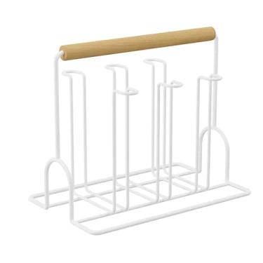 Imagem de LNQKJXIIA Boutiques US Suporte de árvore de caneca de 6 ganchos com cabo grosso de madeira de faia, suporte de copo de café de bancada de metal para cozinha, escorredor de pratos de café (branco)