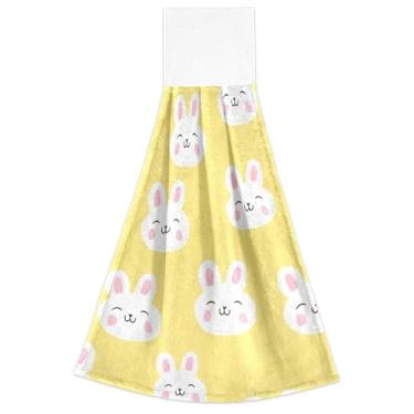 Imagem de Joitme Toalhas de cozinha amarelas fofas de coelho branco com laço para pendurar conjunto de 2 toalhas de banheiro ultra absorventes, decorações de cozinha fofas 47 x 35 cm