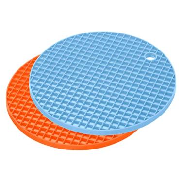 Imagem de Tapetes de silicone para trivet 2 peças, almofadas redondas de panela quente, suporte de panela quente, tapete de secagem resistente ao calor para mesa de balcão de cozinha - laranja, azul claro