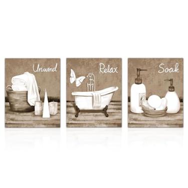 Imagem de Dazzlewall 3 peças de decoração de parede de banheiro vintage, acessórios de spa para banheira branca bege impressões em tela decoração de banheiro banheiro, 20,3 x 25,4 cm, sem moldura