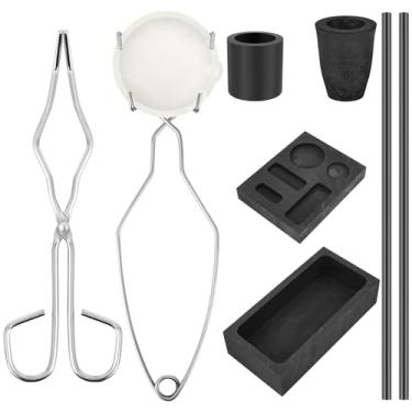 Imagem de Kit de fundição de derretimento de 8 peças, kit de fundição de tocha de metal, incluindo cadinho de quartzo com alça de metal, pinça de chicote, molde de lingote de grafite quadrado 5 em 1, 2