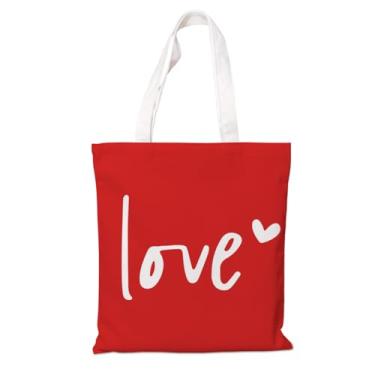 Imagem de Sacola de lona – Bolsa reutilizável para compras e supermercado, design de dia dos namorados com escrita de amor vermelho mínimo, livro de lona branca e bolsa de praia, presente estético moderno para