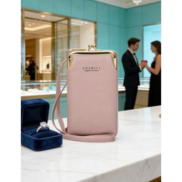 Imagem de Bolsa tiracolo feminina de couro rosa, carteira com zíper multicamadas e bolsa de pulso