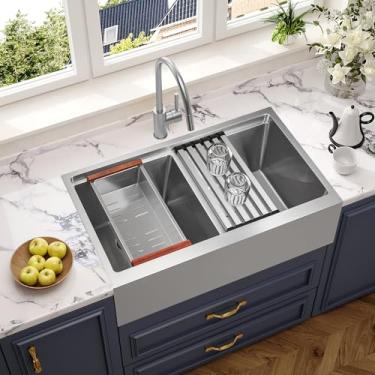 Imagem de MILOSEN Pia de cozinha de fazenda de 71 cm, avental de estação de trabalho de aço inoxidável de 71 cm x 56 cm, pia frontal com acessórios, pias de fazenda de tigela dupla 50/50, pias artesanais