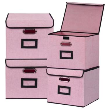 Imagem de Tcbelosion Caixa de armazenamento de arquivos com tampa, organizador dobrável de grande capacidade com alça, perfeito para casa, escritório e organização de armário (rosa) (quadrado - 4 pacotes, rosa)