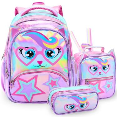 Imagem de Kit Mochila Bolsa Mala Escolar Infantil Feminina Lancheira Térmica Estojo Duplo Colorida Gatinho Menina