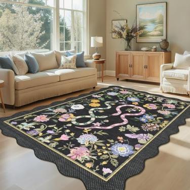 Imagem de GarveeHome Tapete floral 22,5 x 30,5 cm para dormitório casa moderno tapete de cobra recortado flor preto tapete de sala de jogos antiderrapante tapete de área com estampa de animais para sala de