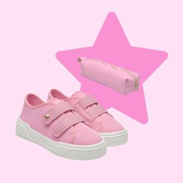 Imagem de Kit Tênis e Estojo Feminino Infantil tiras autocolantes Duplo Escolar 