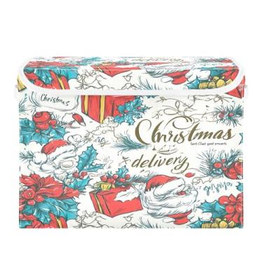 Imagem de SEHANY Linda caixa de armazenamento de Papai Noel de Natal com tampas e alças, organizador de cestas de armazenamento de tecido dobrável, caixas de armazenamento de cubos grandes para roupas, cobertor